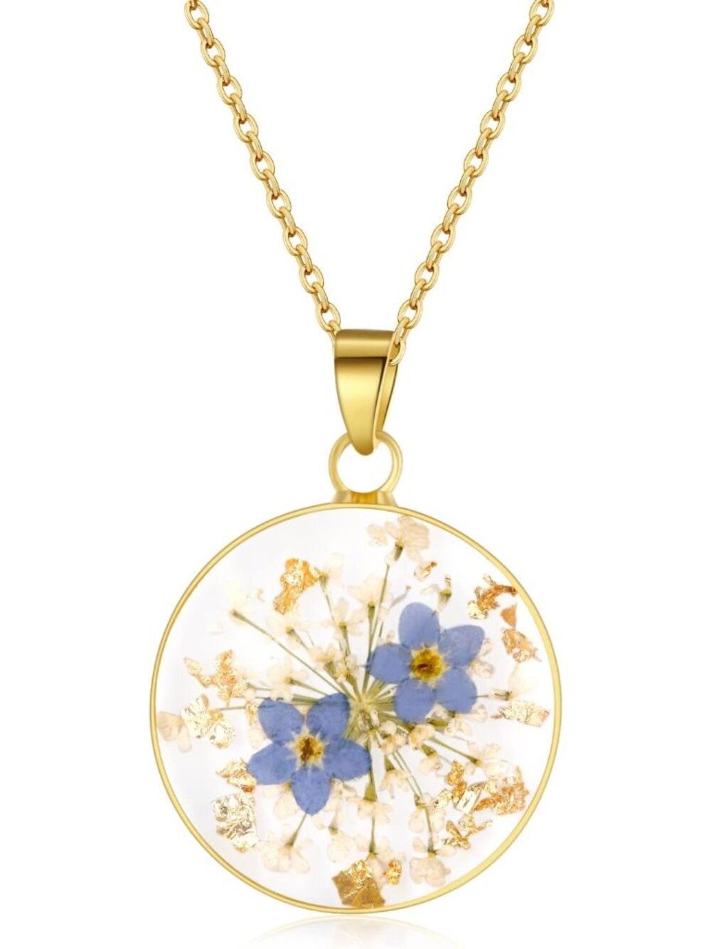 Forget-Me-Not and Queen Anne's Lace Pressed Wildflower Necklace | Birth Month Re